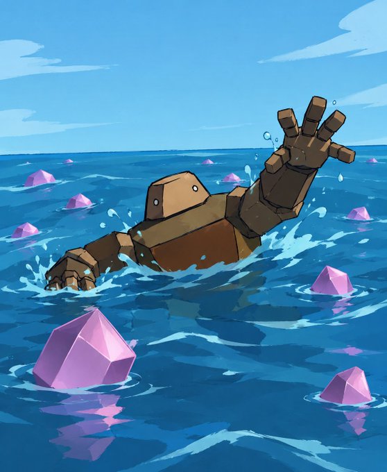 An illustration of a brown robotic figure partially submerged in the ocean, reaching one arm upward as it drowns, surrounded by floating pink crystal-like objects.