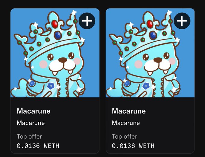 Two identical NFT listings for 'Macarune' featuring a crowned blue character, priced at 0.0136 WETH each as the top offer.