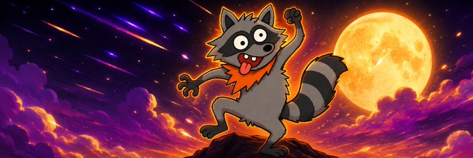 A cartoon raccoon with an orange mane sticks out its tongue and flexes triumphantly on a rock beneath a glowing full moon, with shooting stars streaking across a vivid purple and orange sky — a fittingly wild, cosmic banner befitting a Solana memecoin named $Rusty.