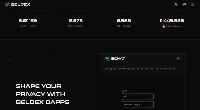 The BELDEX website interface showing block height 5,611,159, 2,873 masternodes, and 11,443,388 coins burned, with a BChat section below.