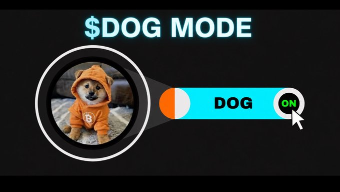 A graphic displays "$DOG MODE" in glowing text above a circular frame featuring a Shiba Inu dog wearing an orange hoodie, alongside a cyan toggle switch set to "ON" with the label "DOG," visually echoing the post's playful "$DOG MODE" theme.