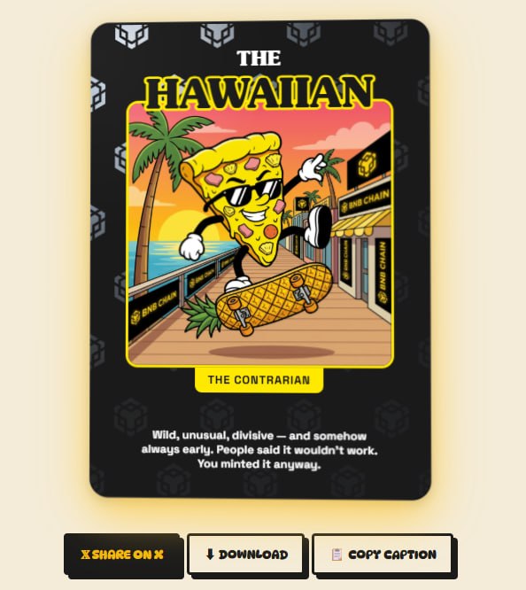 The image features a cartoon pizza character with sunglasses, skateboard, and palm trees as part of its design. The post includes text that reads "The Hawaiian" and "The Contrarian", along with a link to download a free caption.
