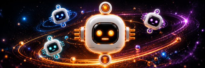 A cosmic-themed digital banner featuring a central white robot with glowing orange eyes, flanked by smaller robots orbiting along colorful neon trails against a starry space backdrop. The futuristic AI imagery visually represents the "NEUT" Robinhood token, likely symbolizing intelligence, automation, or a neutral AI-driven ecosystem tied to the community banner on Moby.