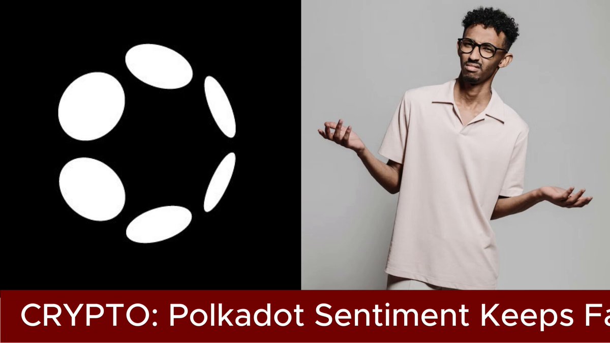 The image features a man standing next to a black background with white polka dots. The man appears to be wearing glasses and is holding his arms out wide. Below him, there's text that reads "Polkadot Sentiment Keeps Falling, Is a Relief Rally Coming? Polkadot ( @Polkadot ) $DOT has become crypto' s most discussed asset, but sentiment continues to deteriorate". The man in the image seems to be expressing his opinion on the current state of Polkadot sentiment.