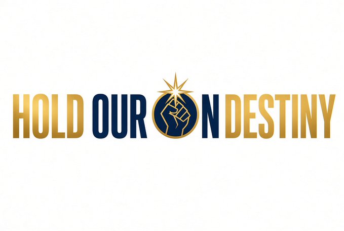 A logo or graphic featuring the text 'HOLD OUR OWN DESTINY' in gold and navy blue lettering, with a circular emblem containing a raised fist and a starburst design in the center.