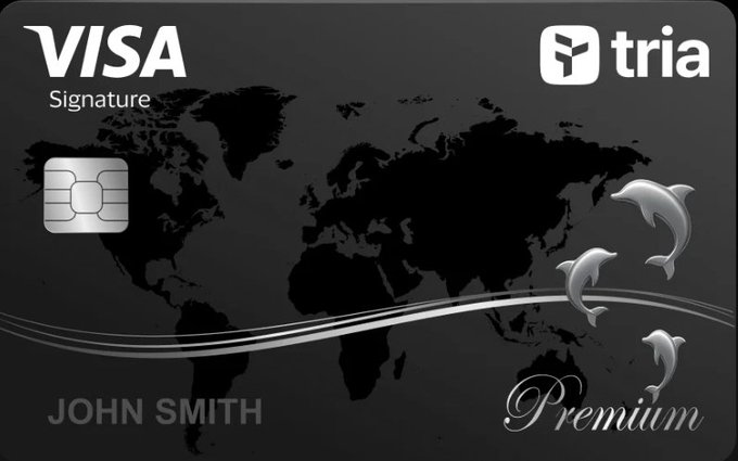 The image features a black Visa credit card with a white border and a world map design on its front. The text "Visa Signature" is written at the top of the card, while "Premium" is displayed below it. There are three dolphins depicted on the card, which adds an artistic touch to the overall design.