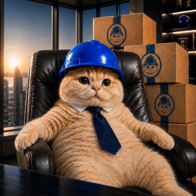 An AI-generated image of a cat wearing a blue hard hat and tie, sitting in an office chair with cardboard boxes featuring a logo in the background.