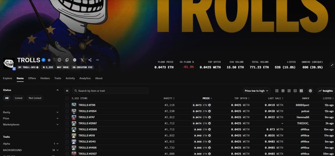 A screenshot of a cryptocurrency trading platform listing 'TROLLS' tokens with various contract addresses, prices in ETH, and trading metrics.