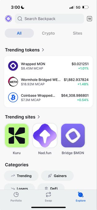 The image shows the Backpack app's Explore page featuring "Trending tokens" including Wrapped MON ($0.021251, +1.01%) and Wormhole Bridged WE... ($1,882.94, +1.48%), alongside "Trending sites" like Kuru, Nad.fun, and Bridge $MON. The page directly supports the post's message by highlighting Monad-related tokens and platforms for users to explore within the Backpack ecosystem.