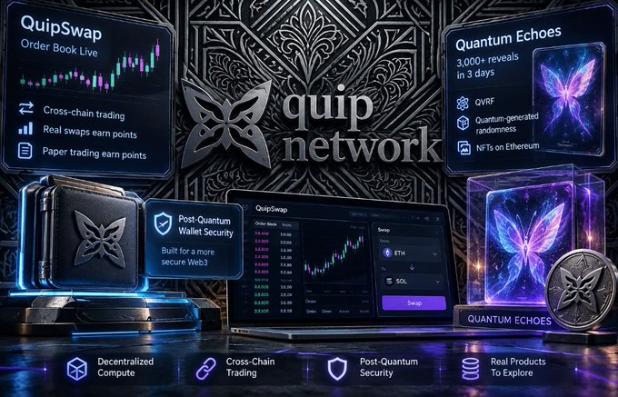 A promotional graphic for the Quip Network featuring QuipSwap order book charts, Quantum Echoes NFTs, and labels highlighting decentralized compute, cross-chain trading, post-quantum security, and real products to explore.