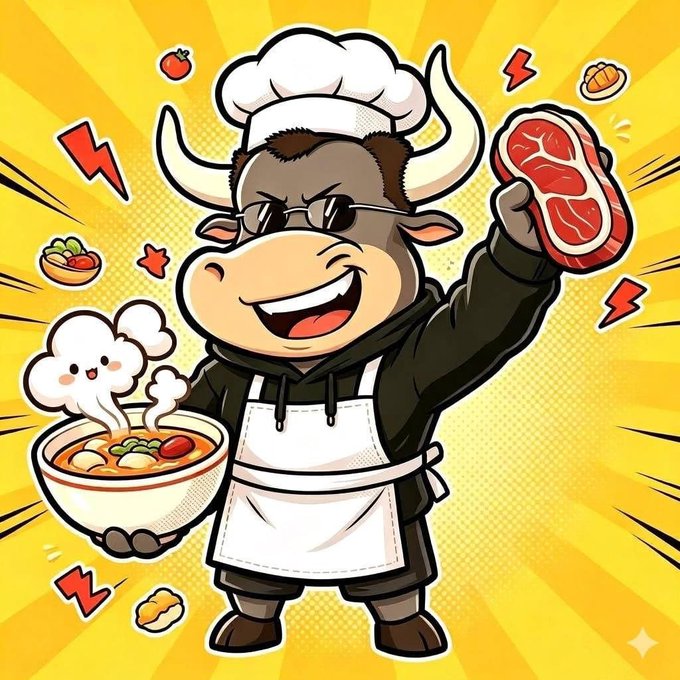 A cheerful cartoon bull chef wearing sunglasses, a white apron, and chef's hat holds up a raw steak in one hand and a steaming bowl of soup in the other, surrounded by floating food items and red lightning bolts on a yellow burst background. The image's meat-and-soup pairing plays on the post's theme of trading meat-based foods (steak) for soup, tying into the $SOUP token airdrop promotion.