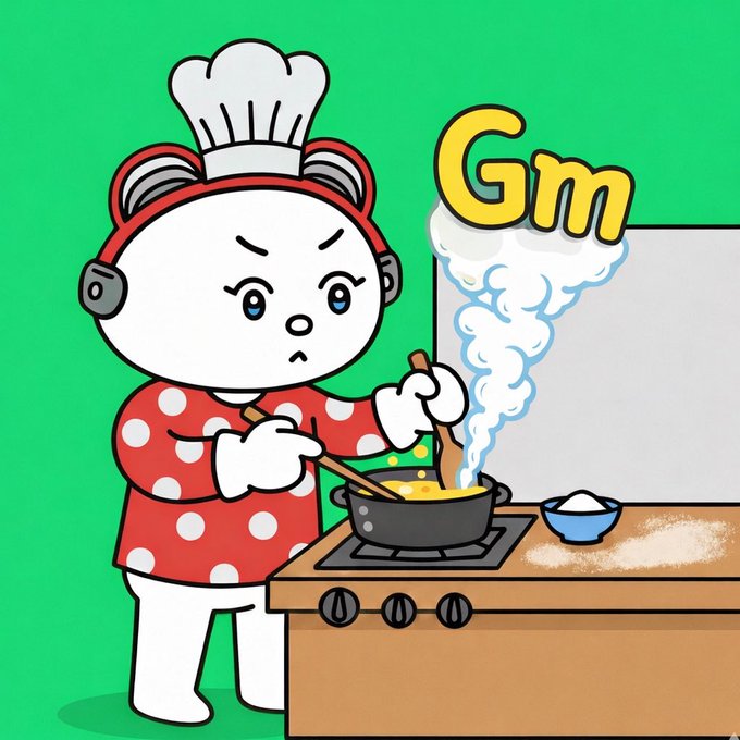 A cartoon illustration of a white bear character wearing a chef's hat and a red polka-dot dress, stirring a pot on a stove with a determined expression, accompanied by the text 'Gm'.