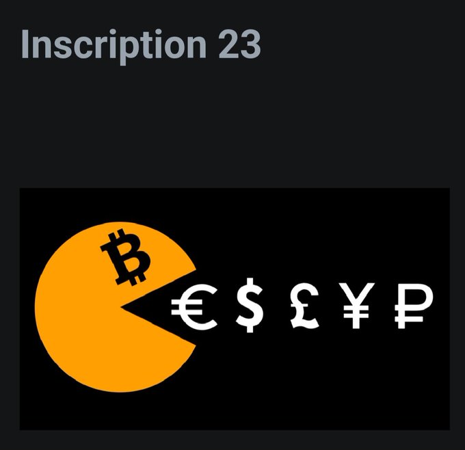 A graphic titled 'Inscription 23' showing an orange Bitcoin logo (₿) facing currency symbols for the Euro (€), Dollar ($), Pound (£), Yen (¥), and Ruble (₽).