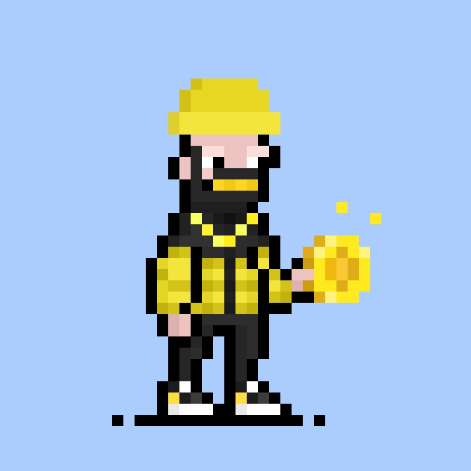 A pixel art character wearing a yellow hat and black outfit, holding a glowing yellow orb, set against a light blue background—evoking a meme-inspired crypto avatar in the style of Jacob Sho's digital art.