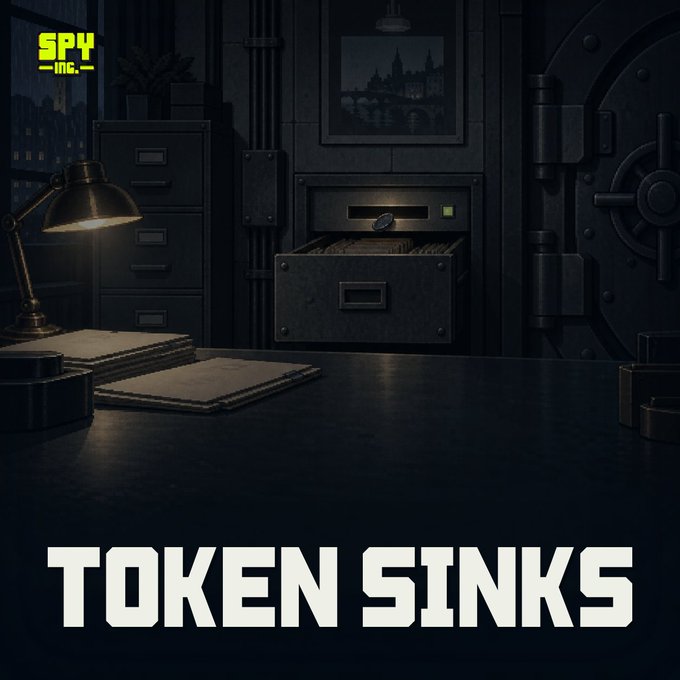 A dark, atmospheric 3D render of a spy-themed office featuring a vault door, filing cabinets, a desk lamp, and an open drawer with files, with 'SPY Inc.' logo in the corner and 'TOKEN SINKS' in large white text at the bottom.