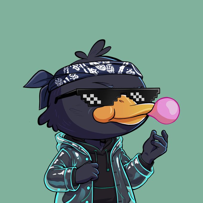 A cartoon illustration of a black duck wearing a bandana, pixelated 'deal with it' sunglasses, and a jacket, while blowing a pink bubblegum bubble.