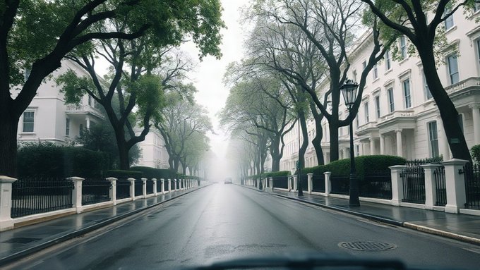 A misty, atmospheric street scene lined with white townhouses, large trees, and black iron railings on a rainy day.