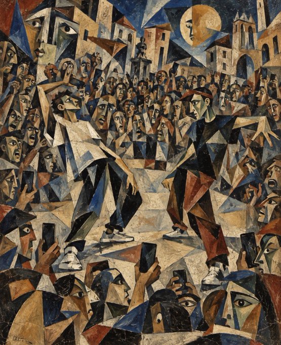 A cubist-style painting depicting two figures in a crowd of geometric faces, with one holding a paper and the other a guitar, set against a backdrop of buildings and a moon with a face.