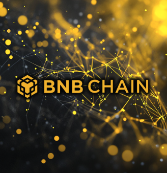 The BNB Chain logo is displayed against a glowing golden network of interconnected nodes and particles, symbolizing the blockchain infrastructure referenced in the announcement of BNB Chain's new Layer 1 blockchain for AI-powered agentic trading launching by 2027.