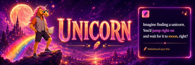 A promotional graphic for Robinhood featuring a unicorn character on a cliff with the word 'UNICORN' and a quote: 'Imagine finding a unicorn. You'd jump right on and wait for it to moon, right?'
