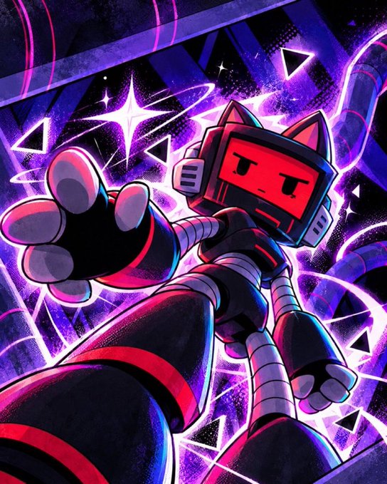 Stylized digital artwork of a robotic figure with cat ears, a TV-shaped red face, and extending arms posed dramatically against a purple cosmic background with stars and triangles.