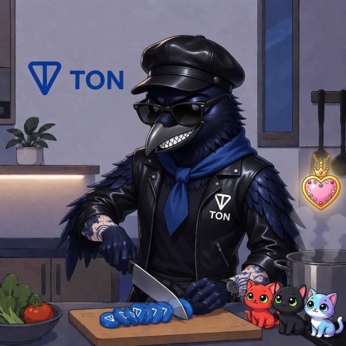 The image features a cartoon illustration of a crow dressed as a chef, wearing sunglasses and a black hat with a "T" on it. The crow is standing over a cutting board filled with food items such as carrots and broccoli. There are also two cats in the scene - one sitting on top of the cutting board and another cat sitting next to it. A potted plant can be seen behind the crow, adding some greenery to the scene. The post includes text that reads "Good morning TON fam and happy new month."