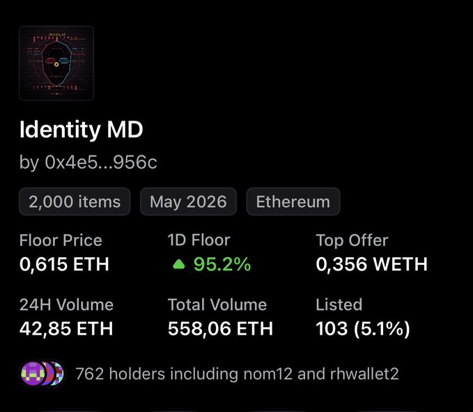 NFT collection details for 'Identity MD' by 0x4e5...956c, showing 2,000 items on Ethereum with a floor price of 0.615 ETH, 95.2% increase, and 762 holders.