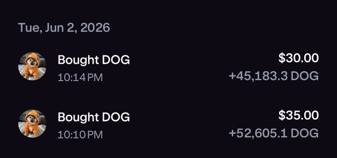 The image shows a screenshot of a computer screen displaying two columns of information about dog buying and selling. One column presents the name "Bought Dog", while the other shows the price, amount received or paid for the dog. Both columns display dates in a black format with white borders indicating the weekdays, which are Tues and Weds. The post in the image contains text that reads: 
"DCA for the right $Dog cause".