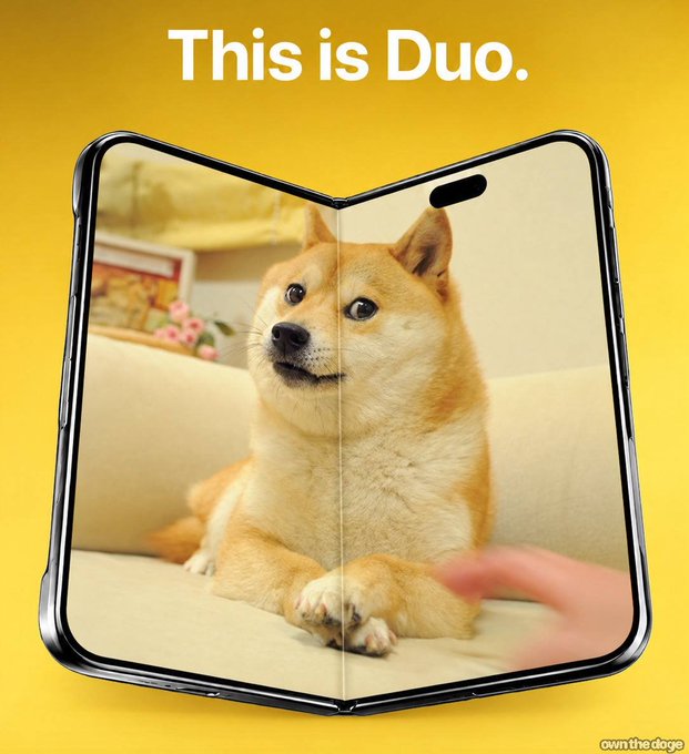 A foldable smartphone displayed open against a yellow background shows an image of a Shiba Inu dog (Doge), with the text "This is Duo." at the top and a "own the doge" watermark in the corner. The image cleverly combines the Doge meme with the foldable phone's dual-screen design, playing on the post's joke about "fold" and "dual" features.