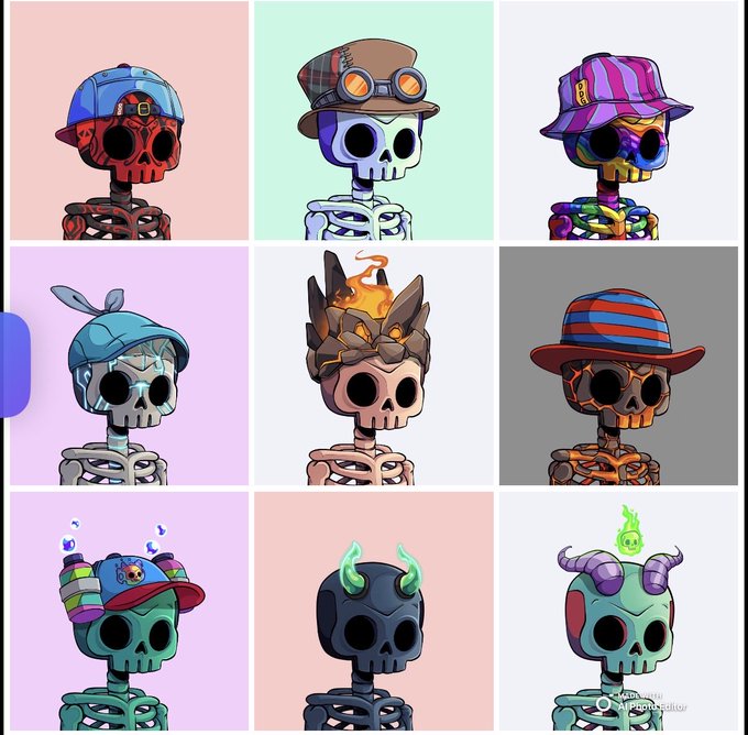 A grid of nine cartoon-style skulls, each wearing different accessories like hats, helmets, and horns, set against pastel-colored backgrounds.