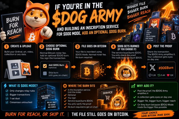 An infographic titled 'IF YOU'RE IN THE $DOG ARMY' explaining how to build an inscription service with optional $DOG burning, showing a cartoon Shiba Inu mascot and a 5-step process from creating artwork to posting the proof on social media.