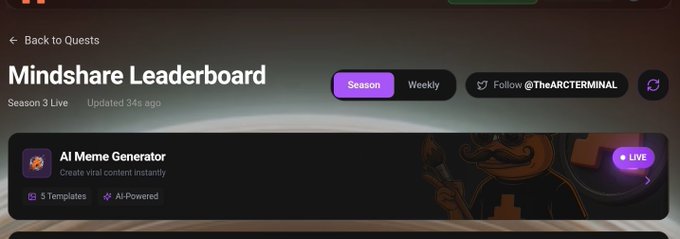 In this image, there's a screenshot of a leader board for an AI meme generator website. The page features a purple header with white text that reads "Mindshare Leaderboard" and displays information about the user's position within the leader board and their recent submission (specifically, @TheARCTERMINAL). There are also details about another participant named "AIMemes", which is indicated by a green label next to the "@TheARCTERMINAL". The image also contains text that says "Focus on what is in the image and how it relates to the post", suggesting an attempt to highlight certain elements of the screenshot.