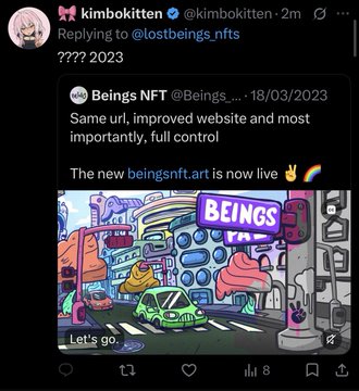 A screenshot of a tweet by 'kimbokitten' replying to 'lostbeings_nfts' about a 2023 website update, featuring a colorful 'BEINGS' cartoon illustration.