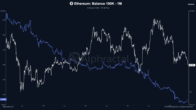 The image depicts a line graph showing the Ethereum balance of 100K - 1M Ether. The x-axis represents time, while the y-axis shows the amount of Ether being held by addresses with balances between 100,000 and 1,000,000 native units. The highest point on the graph is at the 10,000,000 mark which signifies a very high balance value for Ethereum. The bottom of the image displays that this particular cohort represents large whale, meaning it has a significant amount of Ether in circulation.