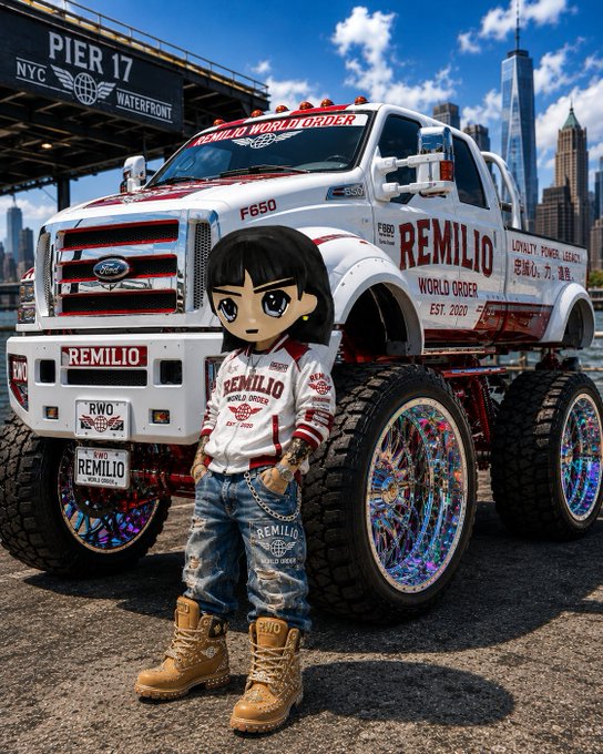A digitally rendered chibi-style character with black hair, wearing a white 'REMILIO WORLD ORDER' jacket and jeans, standing in front of a large white Ford F650 monster truck with 'REMILIO WORLD ORDER' branding at Pier 17, NYC.