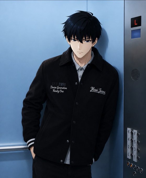 An anime-style illustration of a young man with black hair wearing a black varsity jacket featuring 'EST.1991 Doron Generation Ninety One' and 'Maui Jeans' embroidery, standing beside an elevator panel.