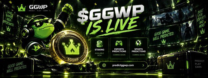Promotional banner for GGWP with text '$GGWP IS LIVE' featuring a frog character wearing headphones, advertising staking, esports predictions, and sports predictions at predictggwp.com.