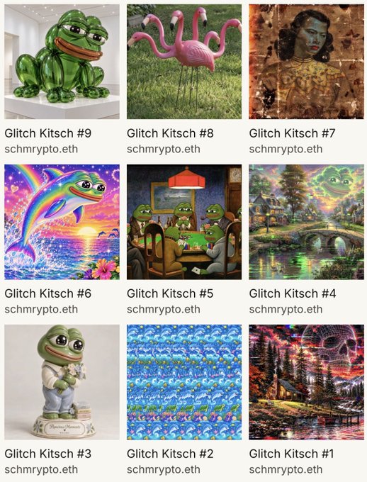 Grid of nine NFT artworks titled 'Glitch Kitsch #1' through 'Glitch Kitsch #9' from schmrpto.eth, featuring surreal imagery of frogs and various glitch art scenes.