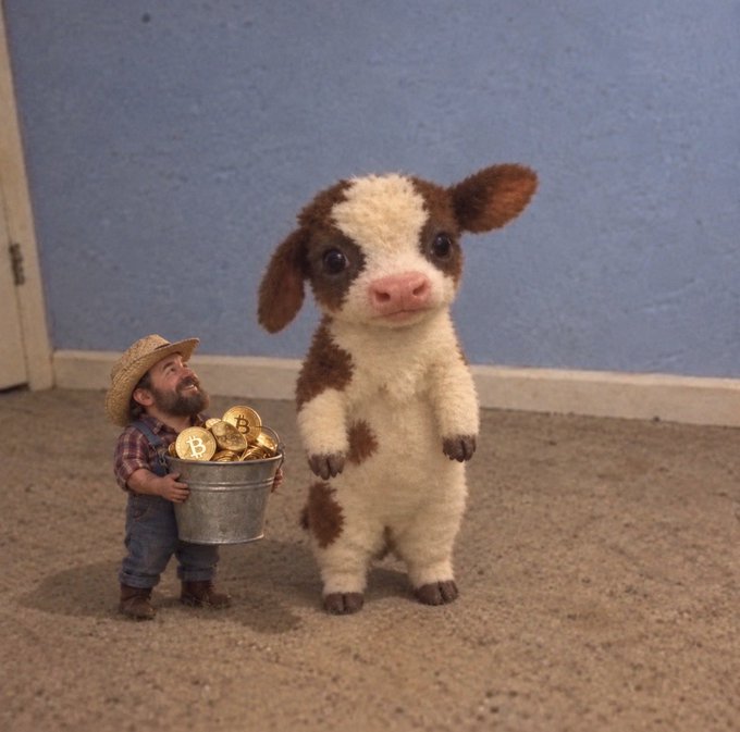 A small figurine of a bearded farmer in a straw hat holds a metal bucket filled with gold Bitcoin coins, standing next to an upright plush cow toy on carpeted flooring.