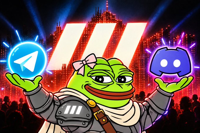 A digital illustration of a Pepe the Frog character in armor and a pink bow holding up a Telegram logo in one hand and a Discord logo in the other, set against a neon red cityscape background.