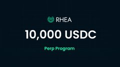 The image is a promotional graphic for Rhea's "10,000 USDC Perp Program," featuring the Rhea logo at the top and the bold white text "10,000 USDC" with "Perp Program" in green below, visually announcing the limited-time perpetual trading rewards campaign.
