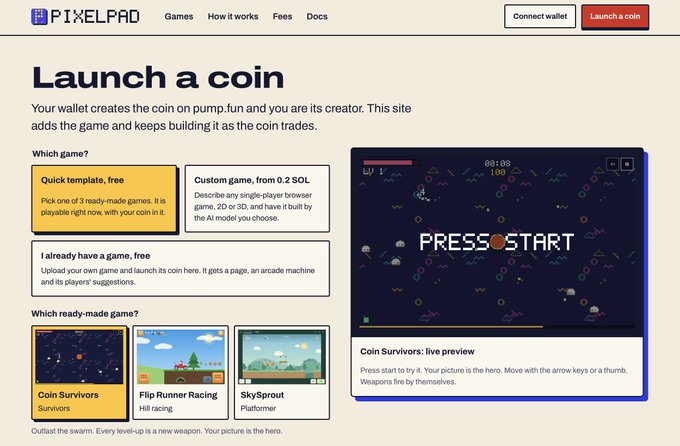 PIXELPAD website showing "Launch a coin" page with options: Quick template free, Custom game from 0.2 SOL, and I already have a game free. Featured games: Coin Survivors: Survivors, Flip Runner Racing: Hill racing, SkySprout: Platformer. Preview shows "Coin Survivors: live preview" press start to try it.