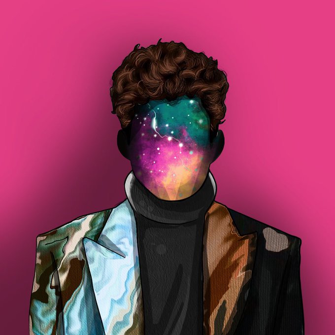 A digital artwork of a person with curly brown hair wearing a patterned blazer, with a colorful cosmic galaxy filling the space where their face would be, set against a pink background.