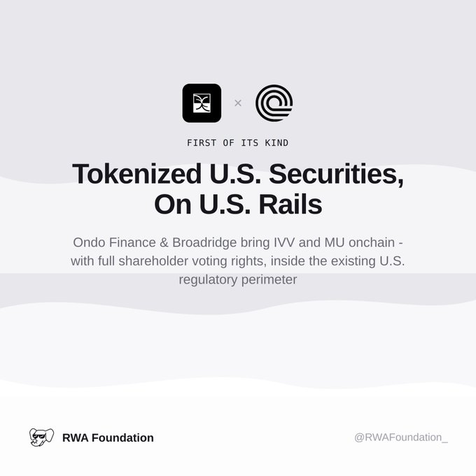 A promotional graphic from RWA Foundation announcing that Ondo Finance and Broadridge have collaborated to tokenize U.S. securities (specifically IVV and MU) onchain while maintaining full shareholder voting rights within the existing U.S. regulatory framework, featuring their logos and the headline "Tokenized U.S. Securities, On U.S. Rails."