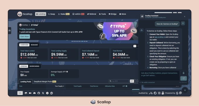 A screenshot of the Scallop DeFi platform interface showing lending and borrowing statistics, including Total Value Locked of $12.69M and a 'UP TO 59% APR' promotion.