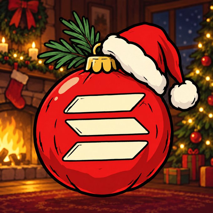 A red Christmas ornament featuring three blank slots wearing a Santa hat sits against a cozy holiday backdrop of a fireplace and tree, visually representing the "$SOLMAS" Christmas token promotion.