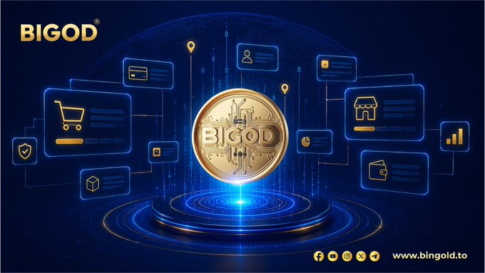 A promotional graphic for BIGOD featuring a gold coin with the "BIGOD" logo centered on a glowing blue digital platform, surrounded by icons representing buyers, sellers, shopping, storefronts, and analytics—teasing an upcoming marketplace or exchange launch in the BIGOD ecosystem, with the website "www.bigold.to" and a $100 BIGOD reward pool for guessing the new feature.