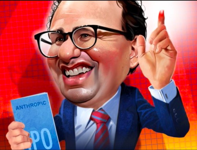 A caricature of Dario Amodei, CEO of Anthropic, smiling broadly while holding an "ANTHROPIC IPO" document and pointing upward, set against a red grid background. The image visually represents the post's claim that Amodei's public advocacy for AI safety conceals selfish financial motives behind an impending IPO.