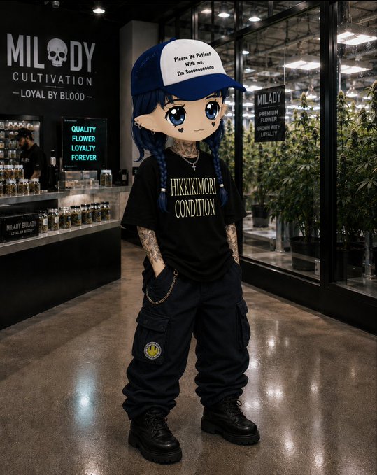 An anime-style character with blue braided hair and a 'HIKKIKOMORI CONDITION' t-shirt stands in front of a 'MILADY CULTIVATION' storefront with a 'LOYAL BY BLOOD' sign.