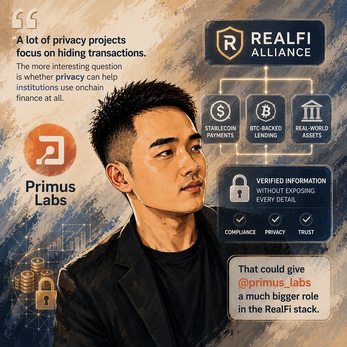 A promotional graphic features an illustrated man alongside text about 'Primus Labs' and 'REALFI ALLIANCE', highlighting stablecoin payments, BTC-backed lending, and real-world assets with verified information.
